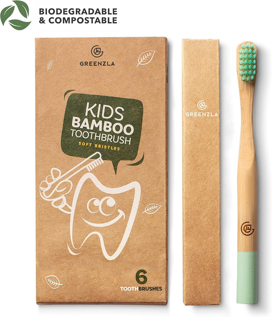 GREENZLA Kids Bamboo Toothbrushes, Natural Toothbrush Set, Soft Bristles, Durable Charcoal Wooden Brushes, Compostable Design for Toddlers