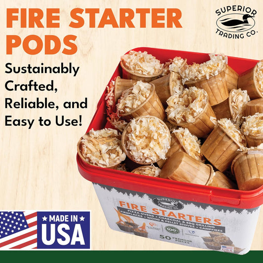 Superior Trading Fire Starter Pods in Plastic Bucket - Fire Starters for Campfires, BBQ, Grill, Pit, Wood Stove & Charcoal Starter, 15-20-Min Burn