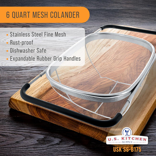 U.S. Kitchen Supply Stainless Steel Colander Strainer - 6-Quart Collapsible Colander with Expandable Rubber Handles - Rectangular Sieve, Fine Mesh