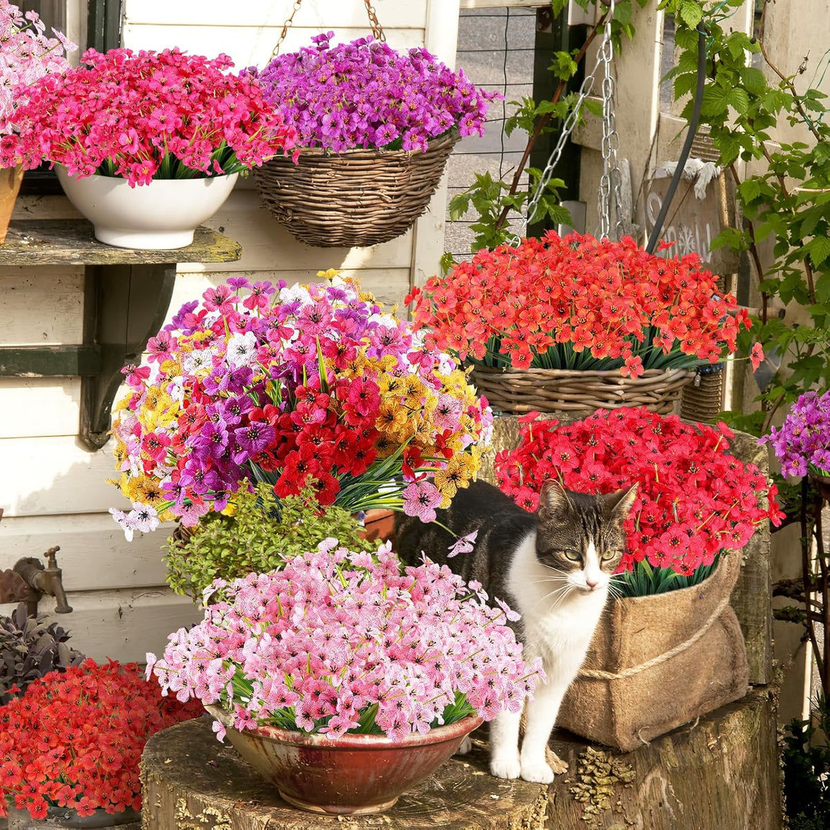 24 Bundles Artificial Flowers for Outdoor,No Fade Fake Plastic Flowers Faux Plants for Decoration Hanging Planters Indoor Outside Garden Porch Window Box Home Wedding Farmhouse - Cart Shape
