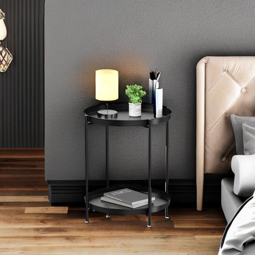 EKNITEY 2 Tier End Table - Metal Side Table Waterproof Small Sofa Coffee Side Tables Bedroom Indoor Outdoor with Removable Tray for Living Room