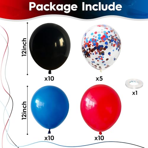 Red Blue Black Balloons, 12 Inch Royal Blue Red Confetti Latex Balloon with Black Helium Balloon Kit for Boys Spider Cool Man Halooween Theme