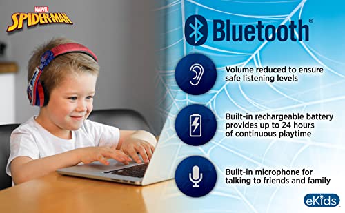 eKids Spiderman Wireless Bluetooth Portable Headphones with Microphone, Volume Reduced to Protect Hearing Rechargeable Battery, Adjustable Kids