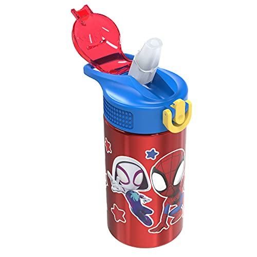 Zak Designs Marvel Spider-Man 18/8 Single Wall Stainless Steel Kids Water Bottle, Flip Straw Locking Spout Cover, Durable Cup for Sports or Travel