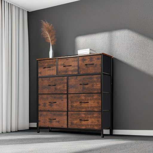 DUMOS Dresser for Bedroom, Storage Organizer with 9 Drawers, Chest of Drawers with Fabric Bins, Sturdy Metal Frame, Wood Tabletop for Guest Room