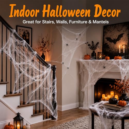 MAQIHAN 1000 sqft Spider Webs Halloween-Decorations Halloween Spider Web Cobwebs Halloween Decorations with 40 Fake Spiders Super Stretch Cobwebs