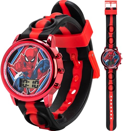 Accutime Marvel Spiderman Kids Digital LCD Wrist-Watch with Red, Green, and Yellow LED Light Show and Popper Strap for Boys, Girls, and Toddlers