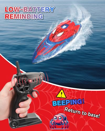 Spider Hero RC Boat, 2.4GHz Remote Control Boat with LED Lights for Kids, Pool Toy with 2 Rechargeable Batteries, Spray Function, and Low Battery