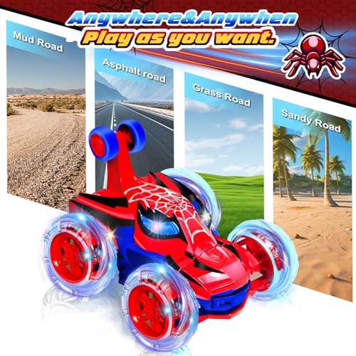 Kids Toys Spider RC Car for Boys 4-7 - Cool Spider Monster Remote Control Crawler Toy 360° Flip Fast Stunt & 4WD Light Up Wheel - Fun Boy Gift Idea