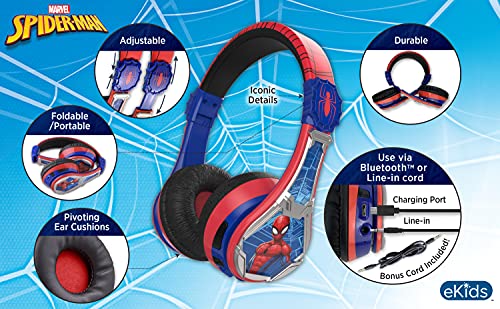 eKids Spiderman Wireless Bluetooth Portable Headphones with Microphone, Volume Reduced to Protect Hearing Rechargeable Battery, Adjustable Kids