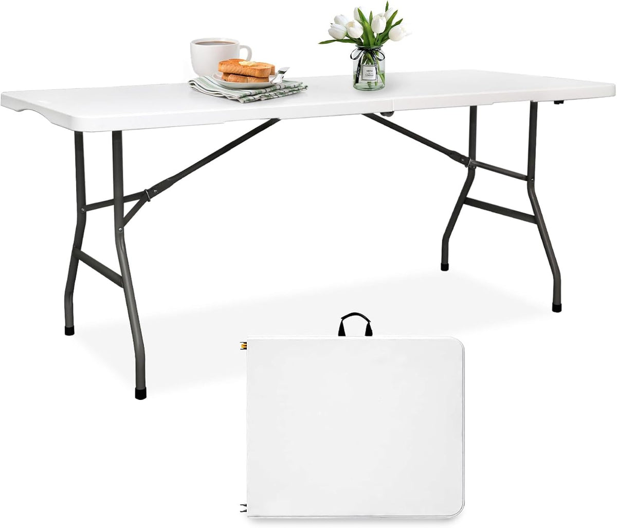 Folding Table 6FT HDPE 6 Foot Foldable Table Portable Banquet Surface Fold-in-Half Desk Utility for Working Meeting Parties, Picnic, Camping