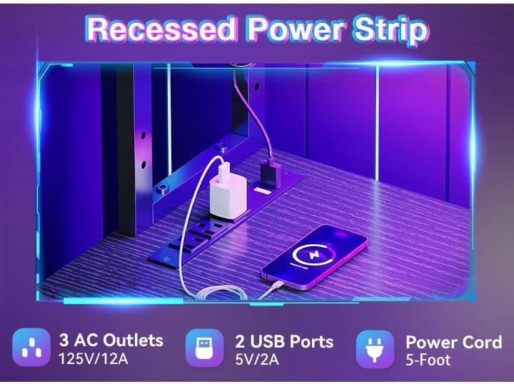 AODK L Shaped Desk Gaming Desk with LED Light & Power Outlet, 53 Inch Reversible L Shaped Computer Table with Shelf & Storage Bag & Hook for Home