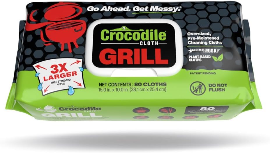 Crocodile Cloth Grill - 80 (15" x 10") Plant-based Cleaning Wipes. Safe on Skin & Multiple Surfaces. Infused with Aloe & Vitamin E. Large