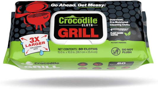 Crocodile Cloth Grill - 80 (15" x 10") Plant-based Cleaning Wipes. Safe on Skin & Multiple Surfaces. Infused with Aloe & Vitamin E. Large