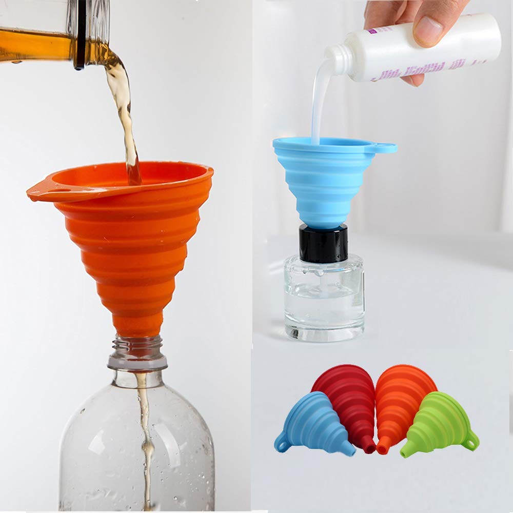 KongNai Kitchen Funnel Set 4 Pack, Small and Large, Kitchen Gadgets Accessories Foldable Silicone Collapsible Funnels for Filling Water Bottle Liquid