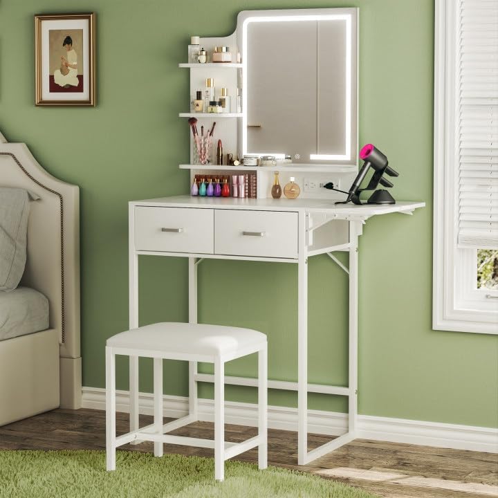 Makeup Vanity Desk with Mirror and Lights, Small Vanity with Fabric Storage Drawer & Chair & Shelves, White Vanity with Fold-up Panel and Power