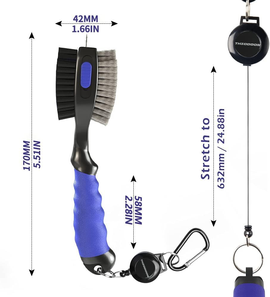 THIODOON 2 Pack Golf Club Brushes and Groove Cleaner 2 ft Retractable Zipline Carabiner Golf Brush Head with Retractable Spike Comfortable Grip Golf