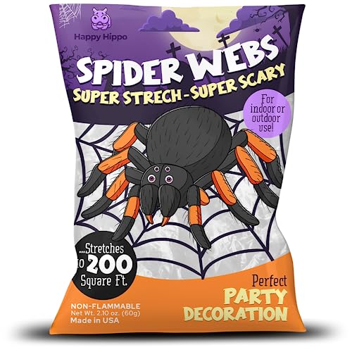 Happy Hippo Halloween Spider Web Decoration, 200 Sqare Feet & Plastic Spiders, Halloween Party Supplies, Spider Webs (Small, 200 Sq Feet) (8 Fake