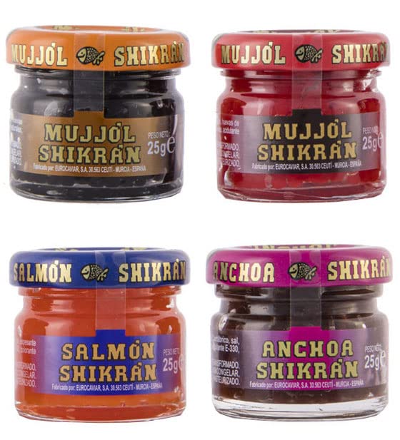 Eurocaviar - Shikran - Sampler pack: 4 x 0.88 oz Mullet Roe Black Caviar Pearls + Mullet Roe Red Caviar Pearls + Smoked Salmon Caviar Pearls