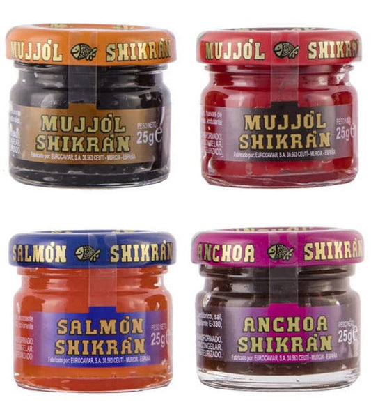 Eurocaviar - Shikran - Sampler pack: 4 x 0.88 oz Mullet Roe Black Caviar Pearls + Mullet Roe Red Caviar Pearls + Smoked Salmon Caviar Pearls