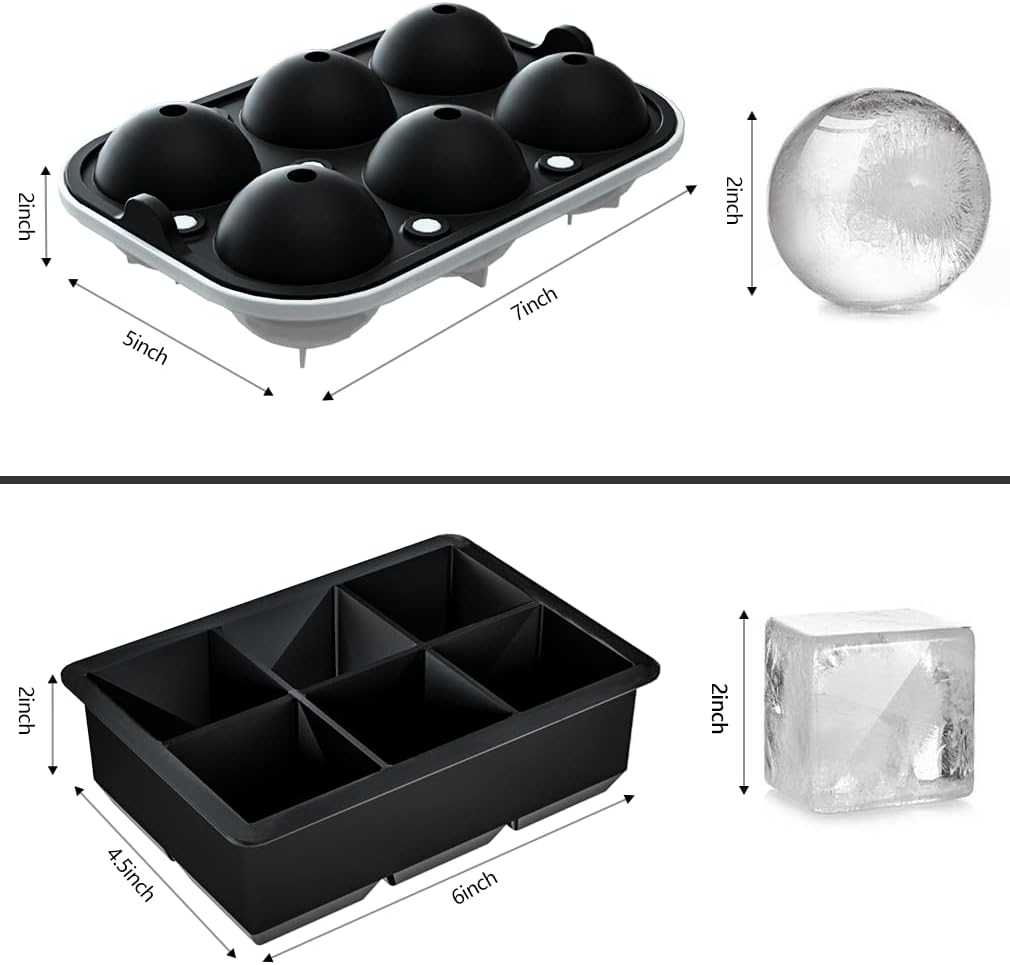 ROTTAY Ice Cube Trays (Set of 2), Sphere Ice Ball Maker with Lid & Large Square Ice Cube Maker for Whiskey, Cocktails and Homemade, Keep Drinks