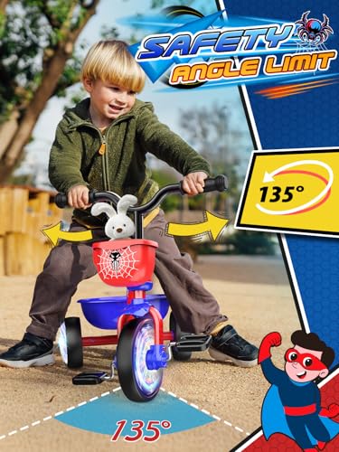 Tricycle for Toddlers 1-3 3-5 Year Olds, Spider Toddler Bike Baby Balance Bike with Colorful Lighting Wheels & Large Basket, Birthday Gift and Toy