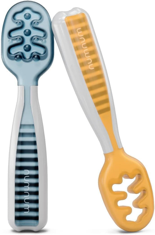 NumNum Baby Spoons Set, Baby Essentials Pre-Spoon GOOtensils for 6+ Months, First Stage Self-Feeding Spoons for Baby Led Weaning (BLW), Silicone
