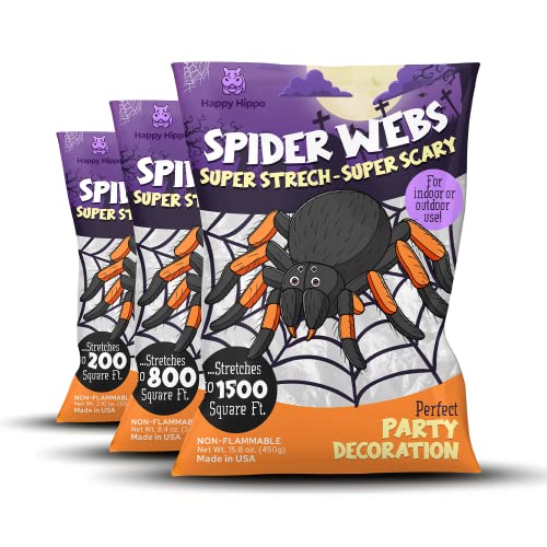 Happy Hippo Halloween Spider Web Decoration, 200 Sqare Feet & Plastic Spiders, Halloween Party Supplies, Spider Webs (Small, 200 Sq Feet) (8 Fake