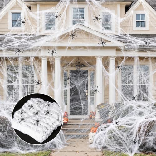 MAQIHAN 1000 sqft Spider Webs Halloween-Decorations Halloween Spider Web Cobwebs Halloween Decorations with 40 Fake Spiders Super Stretch Cobwebs