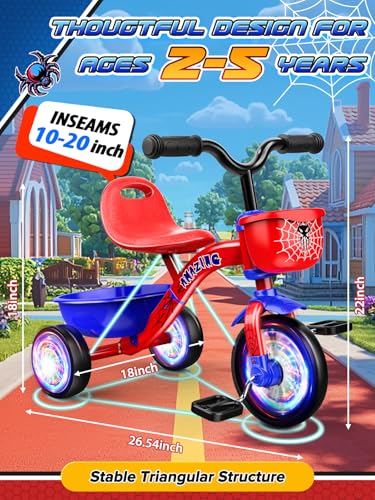 Tricycle for Toddlers 1-3 3-5 Year Olds, Spider Toddler Bike Baby Balance Bike with Colorful Lighting Wheels & Large Basket, Birthday Gift and Toy
