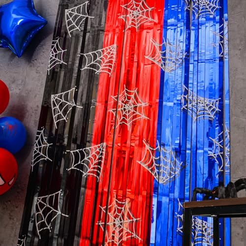 Bupelo Spider Web Birthday Decorations, 2 Pack Spider Party Supplies 3.3x6.6ft Tinsel Foil Fringe Curtains, Red Black, and Blue Photo Booth Prop
