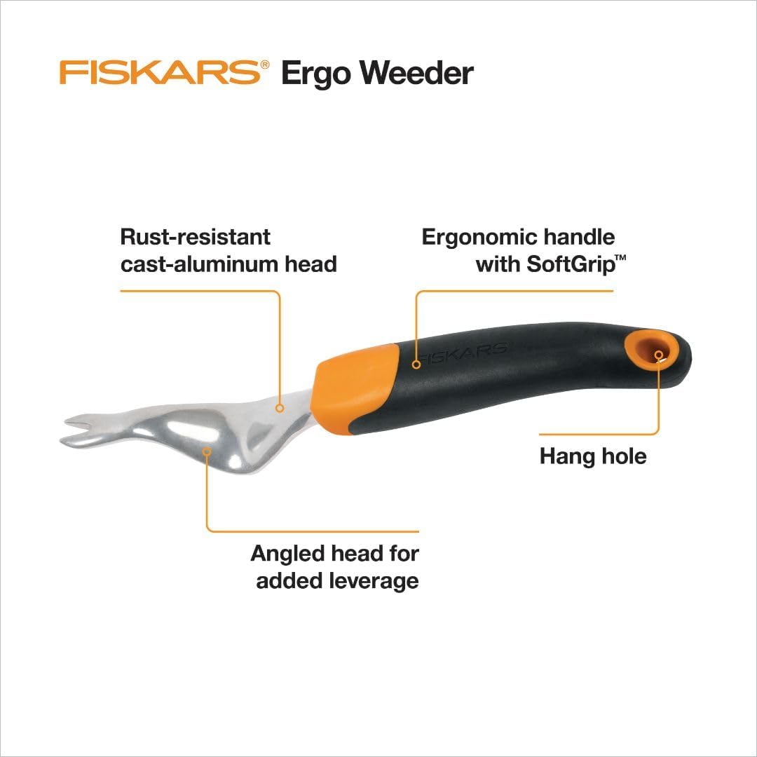 Fiskars Ergo Weeder Tool for Weeding, Heavy Duty Gardening Hand Tool with Ergonomic Handle and Hanging Hole for Storage, Remove Weeds and Roots like