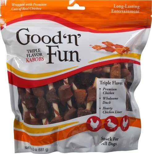 Good ‘n’ Fun Triple Flavor Kabobs Chews for All Dogs, 24 Ounces, Treat Your Dog to Chews Made from Beef Hide, Real Chicken, Pork Hide, Duck and
