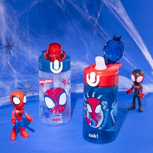 Zak Designs Marvel Spider-Man Sage Kids Water Bottle For School or Travel, 16oz Durable Plastic Water Bottle With Straw, Handle, and Leak-Proof Spout