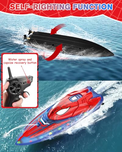 Spider Hero RC Boat, 2.4GHz Remote Control Boat with LED Lights for Kids, Pool Toy with 2 Rechargeable Batteries, Spray Function, and Low Battery