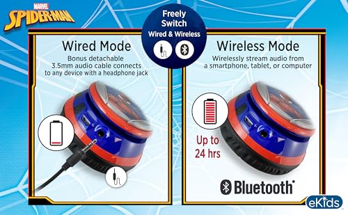 eKids Spiderman Wireless Bluetooth Portable Headphones with Microphone, Volume Reduced to Protect Hearing Rechargeable Battery, Adjustable Kids