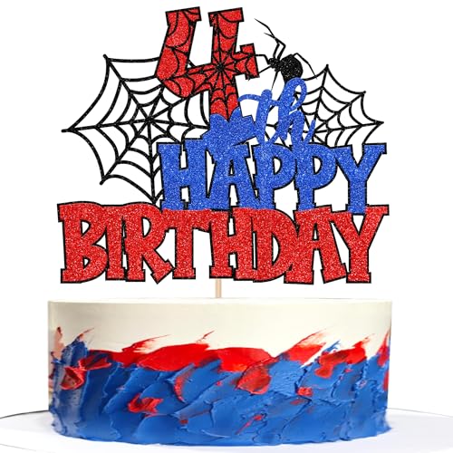 1 PCS Happy 4th Birthday Cake Topper Glitter Spider Web Cheers to 4 Years Four Birthday Cake Pick Superhero Spider Party Decorations for Boys Girls