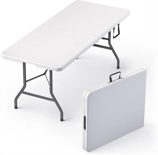 6 Feet Foldable Table with Built in Handle & Steel Legs | 6FT Heavy Duty Folding Portable | Perfect for Party, Dining, Wedding, Events, Picnic