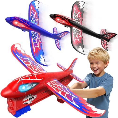 Cool Airplane Launcher Toy with Glowing Eyes & Web-Pattern Wings,2 Flight Modes Outdoor Games for Kids,Boys Toys Age 3-12,Birthday Gifts for 3 4 5 6