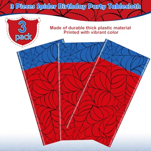 3Pcs Spider Web Themed Birthday Party Tablecloths Decorations,Red Blue Hero Plastic Table Cover Disposable Rectangle Table Cloth for Baby Shower Kids