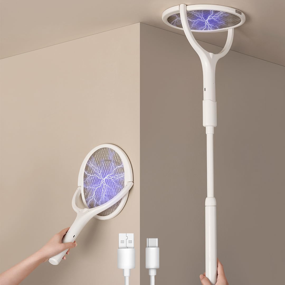 GeckoMan Rotating Head Electric Fly Swatter Racket Rechargeable Bug Zapper Racket Bug Zapper Indoor Fly Zapper Mosquito Zapper Flies Killer