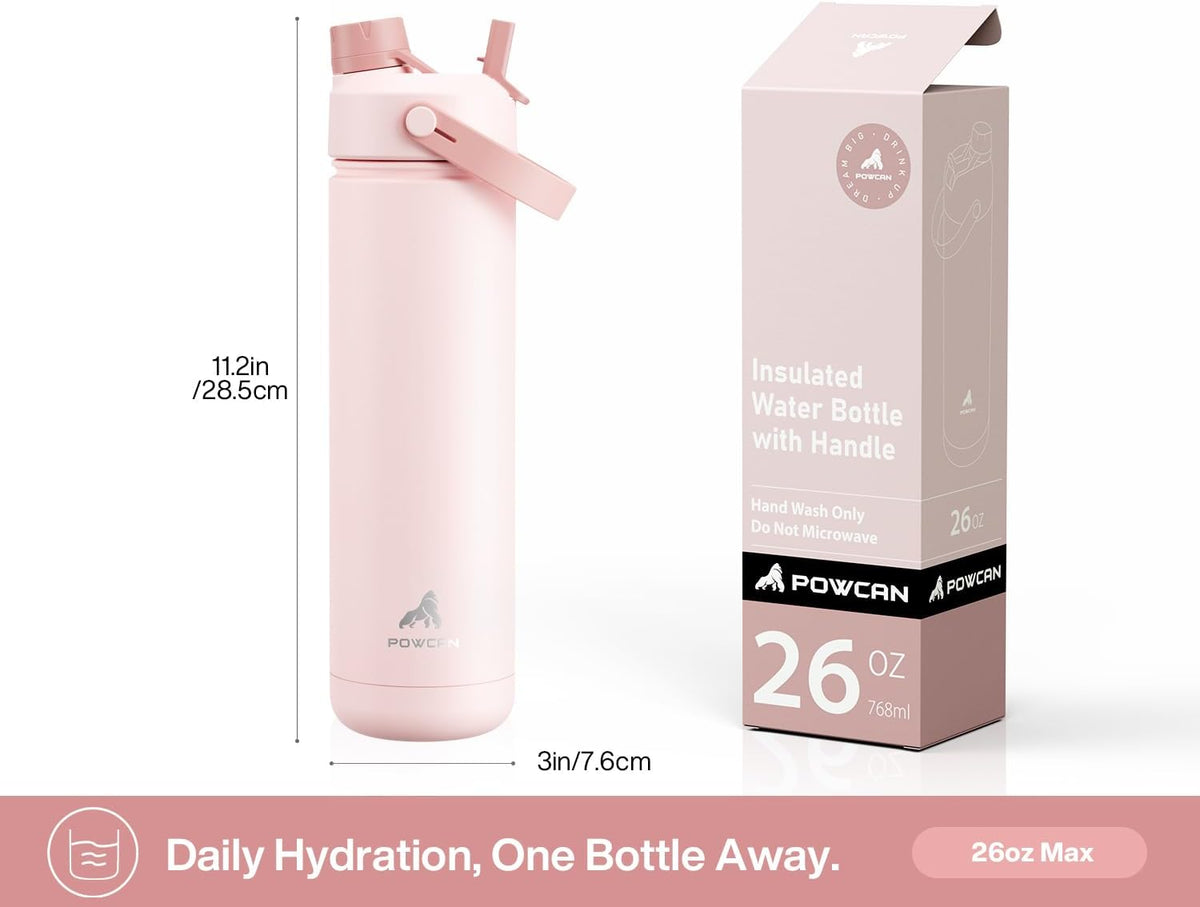 26 oz Insulated Water Bottle with 2-in-1 Straw and Spout Lid, Keep Cold 24H, Leak-Proof, Fits in Car Cup Holder, Stainless Steel Water Bottle for
