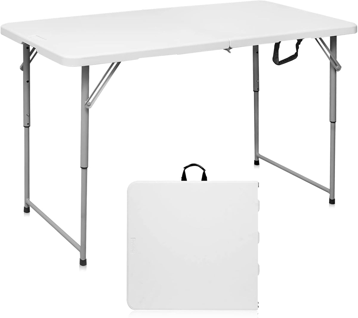 Folding Table 4 Foot Portable Heavy Duty Plastic Fold-in-Half Utility Table Small Indoor Outdoor Adjustable Height Folding with Carrying Handle