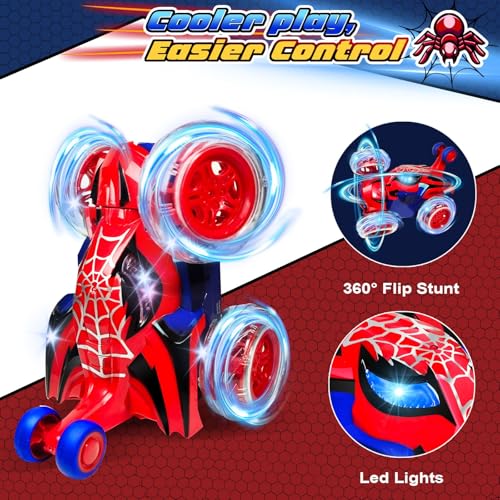 Kids Toys Spider RC Car for Boys 4-7 - Cool Spider Monster Remote Control Crawler Toy 360° Flip Fast Stunt & 4WD Light Up Wheel - Fun Boy Gift Idea