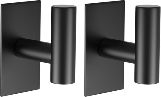 VAEHOLD Wall Towel Hooks, Heavy Duty Sticky Holder Waterproof Towel Hooks for Hanging Coat, Clothes, Closet Hook Wall Mount for Kitchen (Black, 2