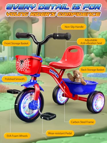 Tricycle for Toddlers 1-3 3-5 Year Olds, Spider Toddler Bike Baby Balance Bike with Colorful Lighting Wheels & Large Basket, Birthday Gift and Toy