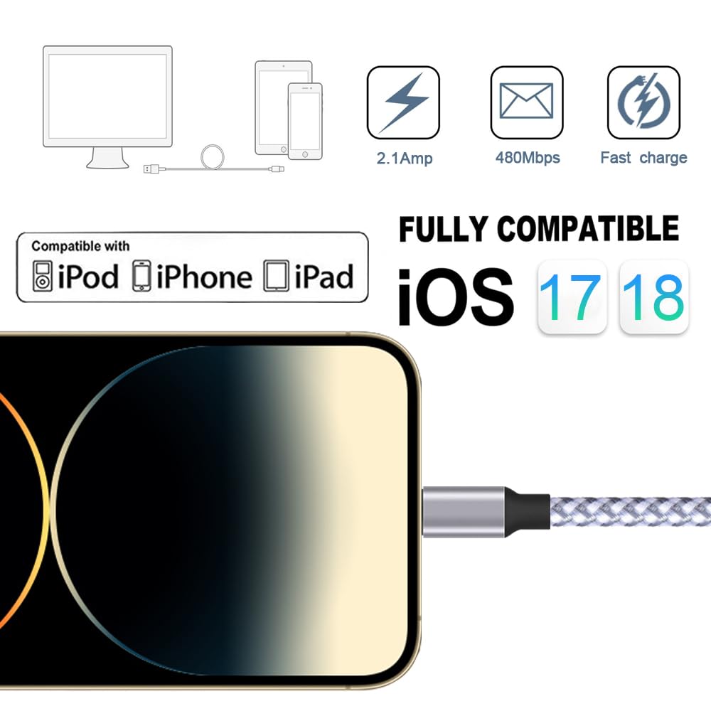 TAKAGI for iPhone Charger, [MFi Certified] Lightning Cable 3PACK 6FT Nylon Braided USB Charging Cable High Speed Transfer Cord Compatible with iPhone