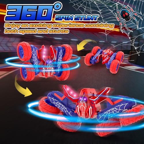 Spider Remote Control Cars for Boys 4-7, 360° Spinning RC Stunt Car with 2 Batteries Cool Lights Toys Birthday Gift for Boys 4 5 6 7 8 9 10 11 12