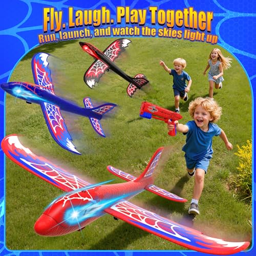 Cool Airplane Launcher Toy with Glowing Eyes & Web-Pattern Wings,2 Flight Modes Outdoor Games for Kids,Boys Toys Age 3-12,Birthday Gifts for 3 4 5 6