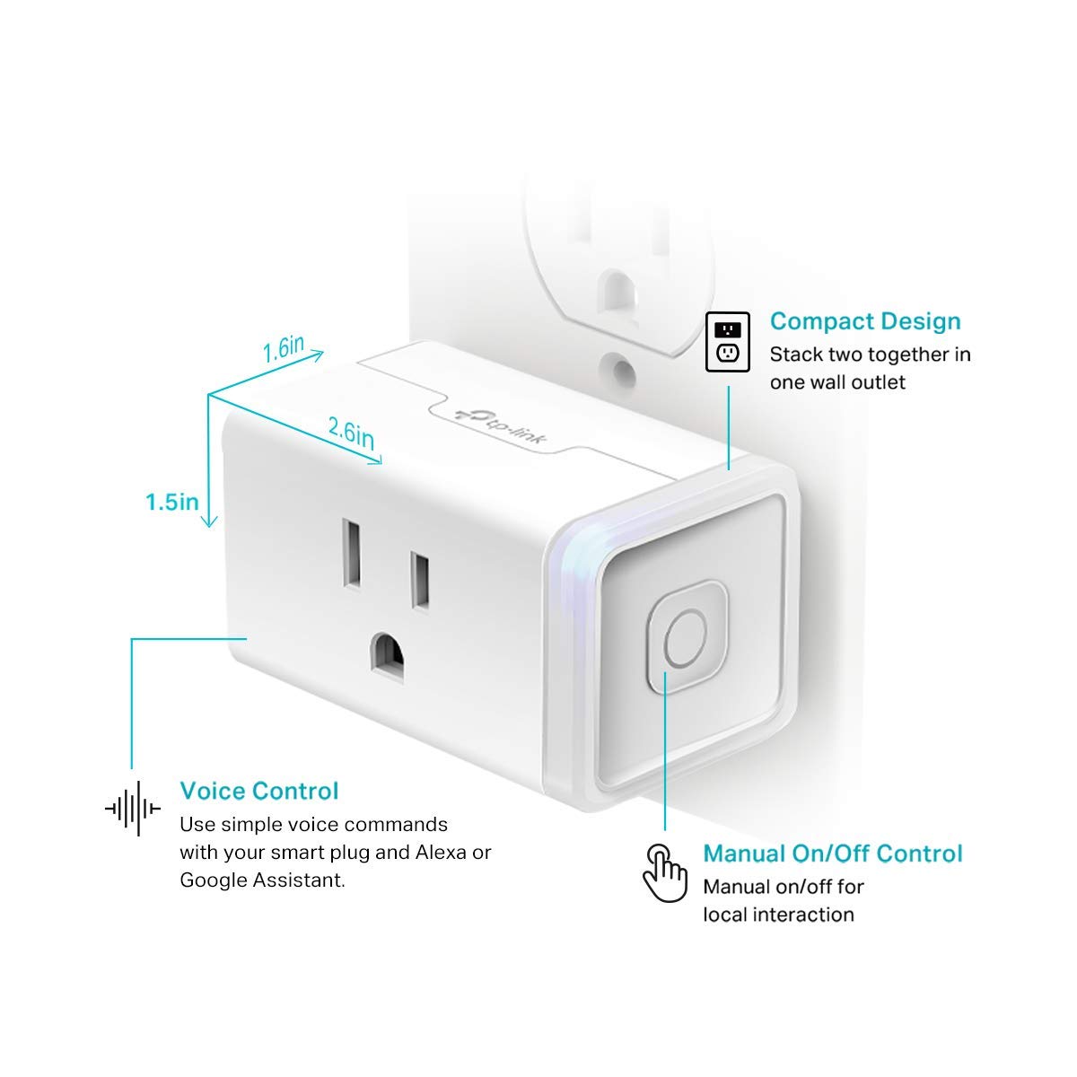 Kasa Smart Plug HS103P2, Smart Home Wi-Fi Outlet Works with Alexa, Echo, Google Home & IFTTT, No Hub Required, Remote Control,15 Amp,UL Certified
